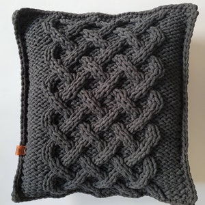 Knitted pillow case cotton cushion, decorative pillow, celtic knot cable, home decor, knitted anthracite pillowcase 45x45 cm, handmade