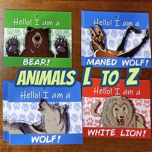 Può includere: Quattro carte colorate con illustrazioni di animali, ogni carta ha il testo "Hello! I am a" seguito dal nome dell'animale. Le carte sono disposte in due file di due. La fila superiore presenta un orso bruno e un lupo crinito. La fila inferiore presenta un lupo e un leone bianco. Le carte sono etichettate "ANIMALS L TO Z".