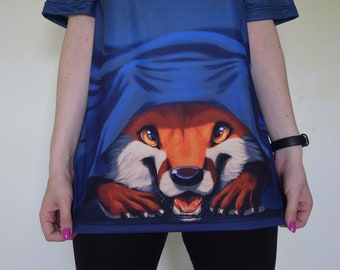 T-shirt double face unisexe design original "Peekaboo Fox", Denim