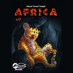Pode incluir: Uma capa de banda desenhada com um filhote de chita a dormir num fundo escuro. O t&iacute;tulo "AFRICA" est&aacute; escrito em letras grandes de cor laranja com um contorno vermelho. O texto "Maura "Arven" Pompili" est&aacute; escrito em letras brancas mais pequenas acima do t&iacute;tulo. O texto "n.01!" est&aacute; escrito em letras brancas mais pequenas abaixo do t&iacute;tulo.