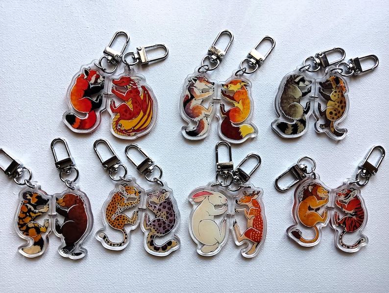 Magnetic Couple Keychains 2" (50.8 mm), Various Animals, Mix & Match - Fox, Wolf, Dragon, Hyena, Lion, Tiger, Snow Leopard, Bunny, Deer, etc