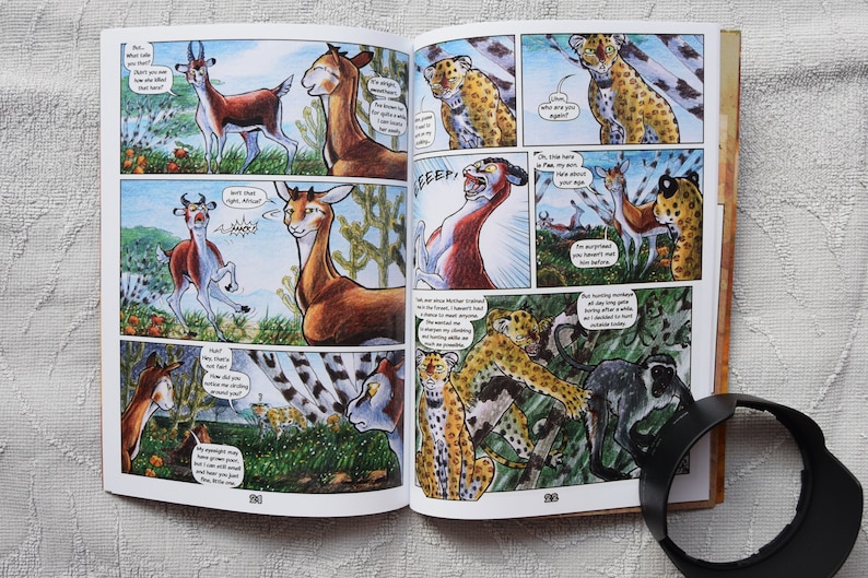 Pode incluir: Uma p&aacute;gina de banda desenhada com ilustra&ccedil;&otilde;es coloridas de animais. A p&aacute;gina apresenta um guepardo, um macaco e uma gazela. O texto na p&aacute;gina diz "Oh, este aqui &eacute; Pax, meu filho, ele tem aproximadamente a sua idade." e "Mas ca&ccedil;ar macacos o dia todo fica chato depois de um tempo, decidi ca&ccedil;ar algo diferente hoje."
