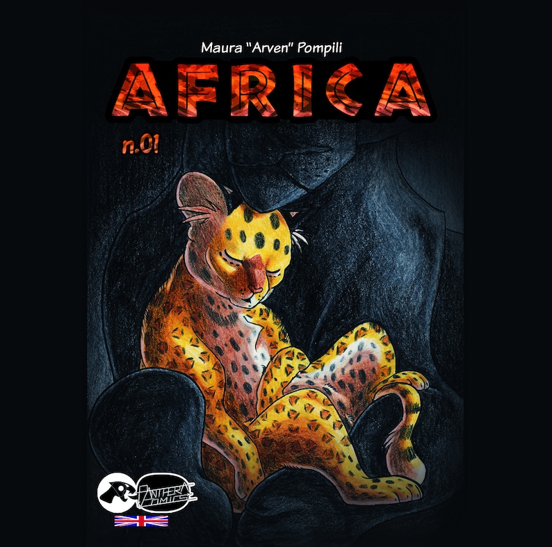 Pode incluir: Uma capa de banda desenhada com um filhote de chita a dormir num fundo escuro. O t&iacute;tulo "AFRICA" est&aacute; escrito em letras grandes de cor laranja com um contorno vermelho. O texto "Maura "Arven" Pompili" est&aacute; escrito em letras brancas mais pequenas acima do t&iacute;tulo. O texto "n.01!" est&aacute; escrito em letras brancas mais pequenas abaixo do t&iacute;tulo.