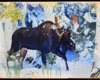 Moose in Early  Snow -  Print on Wood - Utah Wildlife - Maine and Jackson Wyoming Moose Print -