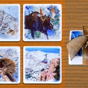 Snowbird Ski Themed Coasters Skier Snowboarder Gift Snowbird Tram, Pipeline, Moose, Porcupine image 1