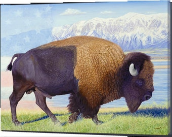 American Buffalo/Bison grazing at the Great Salt Lake Artwork - Buffalo Canvas - Utah Wall Art - Utah Wildlife Canvas Print -