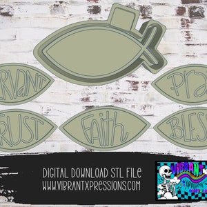 May include: A set of six digital download STL files for 3D printing. The files are for creating cookie cutters in the shape of a fish with the words "Servant", "Trust", "Faith", "Pray", "Blessed" and a plain fish.
