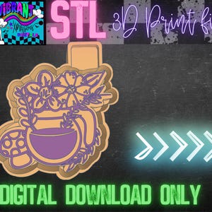 May include: A 3D printable STL file of a mug with flowers. The mug is brown and the flowers are purple. The text "STL 3D Print file" is in pink letters on a black and white checkered background. The text "DIGITAL DOWNLOAD ONLY" is in green letters on a black background.