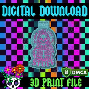 May include: Digital download graphic with a checkered background in neon colors. The design features a skeleton woman with the text "WOMEN DON'T OWE YOU STUFF". The words "DIGITAL DOWNLOAD" and "3D PRINT FILE" are also present.