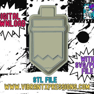 May include: A 3D printable STL file for a pencil-shaped cookie cutter. The cutter is gray and has a flat top with a rounded bottom. The file is available for digital download.