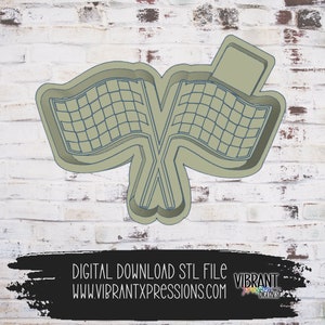 May include: A 3D printed STL file for a checkered flag cookie cutter. The cookie cutter is designed to create a pair of crossed checkered flags.