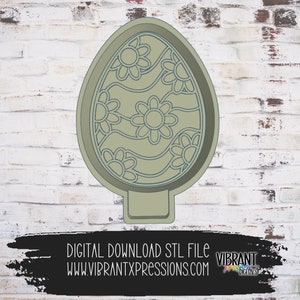 May include: A digital download STL file for a 3D printed Easter egg cookie cutter. The egg is decorated with a wavy pattern and stylized flowers.