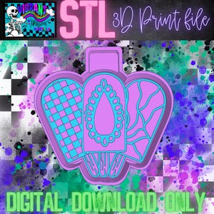 May include: A 3D printable STL file for a crown-shaped cookie cutter. The cutter is divided into three sections: a checkered pattern, a teardrop with a decorative border, and a swirl pattern. The text "STL 3D Print File" is displayed above the cutter.