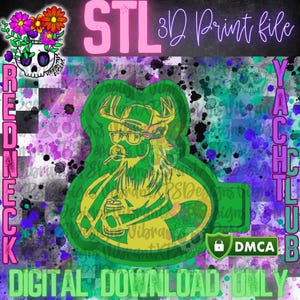 May include: A green 3D printed STL file of a cartoon deer wearing sunglasses and a hat, holding a drink. The deer is sitting on a green circle with the text "YACHT CLUB" in pink letters. The background is a colorful abstract design with a black and white checkered pattern.