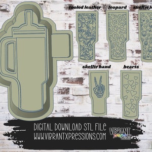 May include: A digital download STL file for a 3D printed tumbler with a variety of design options, including tooled leather, leopard, skellie leopard, skellie hand, and hearts.