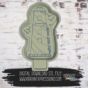 May include: A 3D printed STL file design for a lighthouse cookie cutter. The design features a lighthouse with a striped exterior and the text "Shine Your Light".