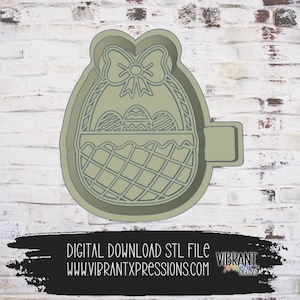 May include: A 3D printed STL file for a cookie cutter shaped like an Easter egg basket with a bow on top and eggs inside. The basket is made of a woven pattern and has a handle.
