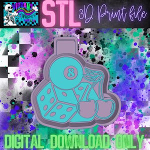 May include: A 3D printable STL file design of a dice, cherries, and a pool ball with the number 8 on it. The design is in a light blue and purple color scheme.