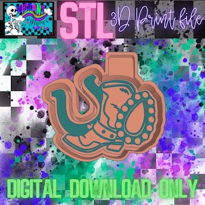 May include: A 3D printable STL file of a horseshoe with a teal blue boot and a brown elephant head with a beaded necklace. The text "STL 3D Print File" is in pink and white.