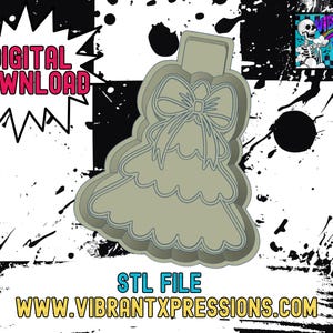 May include: A 3D printable STL file for a Christmas tree cookie cutter with a bow on top. The file is available for digital download.  The text "STL FILE" and "WWW.VIBRANTXPRESSIONS.COM" is visible in the image.