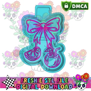 Peut inclure: Emporte-pièce turquoise et magenta en forme de nœud, avec une tranche d'agrume et un cocktail tropical. Le texte "FRESHIE STL FILE DIGITAL DOWNLOAD" est affiché en bas de l'image.