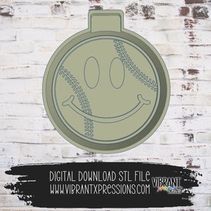 May include: A 3D printed STL file design of a baseball with a smiley face. The baseball has a stitched seam design and a green color.