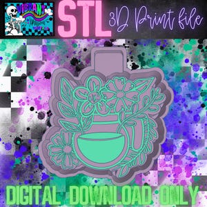 May include: A 3D printable STL file for a perfume bottle with floral accents. The bottle is light purple with a green lid and a floral design around the top. The text "STL 3D Print File" is in pink and white letters.