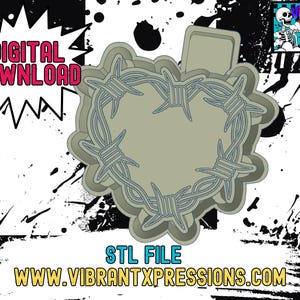 May include: A 3D printable STL file for a barbed wire heart design. The design is a heart shape with barbed wire around the edges. The file is for digital download only.