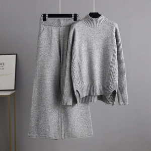 Winter Women Suits two Piece Set Loose Turtleneck twist Pullover Sweaters, Long Knitted wide leg pants sets, Knitted lounge outfit for woman