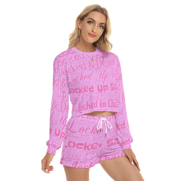 Sissy Locked and Denied Sweatshirt und Shorts, Sissy Locked & Denied halb versteckt in rosa (vollständig personalisierbar) Gym-Set, Größen bis 5XL