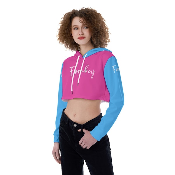 Femboy Crop Top Hoodie Long Sleeves Femboy text in white on pink and blue totally personalizable for color and text sizes up to 5XL