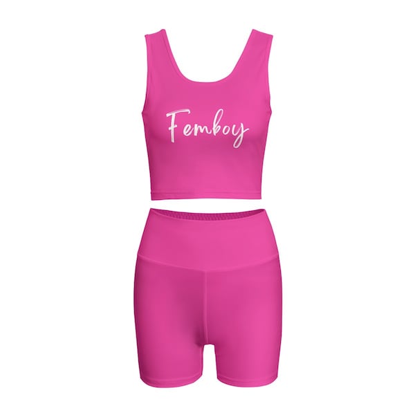 Femboy tejido elástico a juego, conjunto de gimnasia de cintura alta en rosa con Femboy en la parte superior: ideal para femboys y sissies.