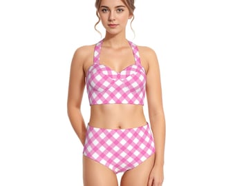 Traje de baño de dos piezas con cuello halter estilo años 50 de Sissy Slave / Diseño de cuadros vichy en rosa con texto y color personalizables. Tallas S a 7XL.