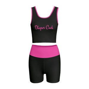 Diaper Cuck matching Stretch fabric, high waist Gym Set with diaper cuck text in pink on black: Ideal for cucks and sissies