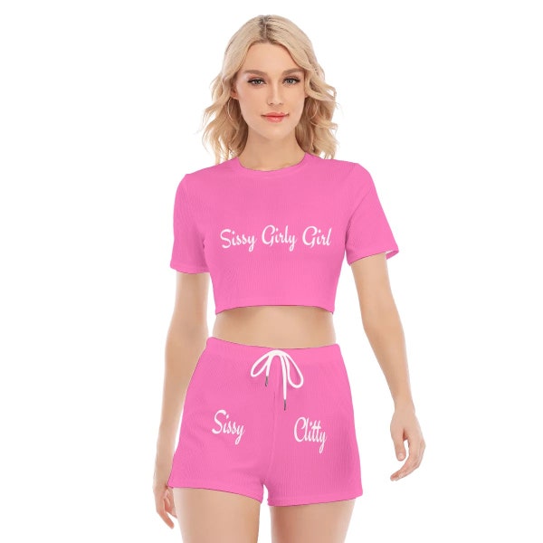 Sissy Girly Girl Crew Neck Crop Top Shorts Traje 5XL en conjunto de gimnasio rosa intenso (totalmente personalizable), tallas hasta 5XL