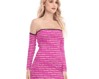 Bedwetter Sissy Baby Girly Mädchen Off-Shoulder Back Schnürkleid. Text in Pink und Weiß Vollständig anpassbar. Größen bis 5XL.