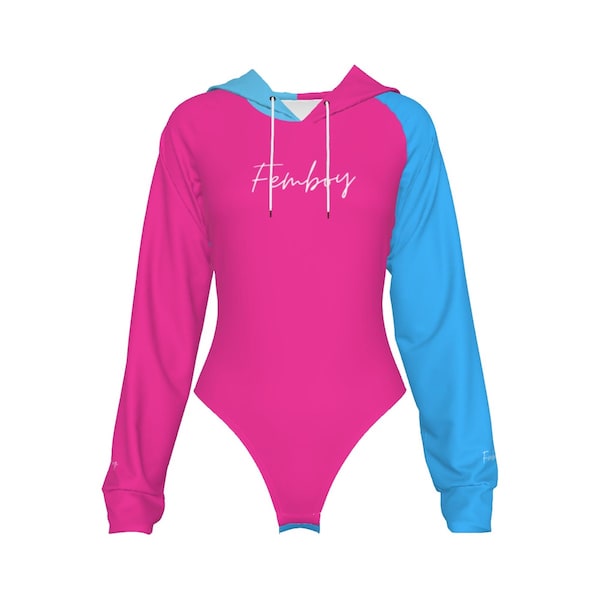 Femboy Raglan Sleeve Hooded Bodysuit in Pink and Blue - totally customizable for colors and text, sizes XS to 2XL