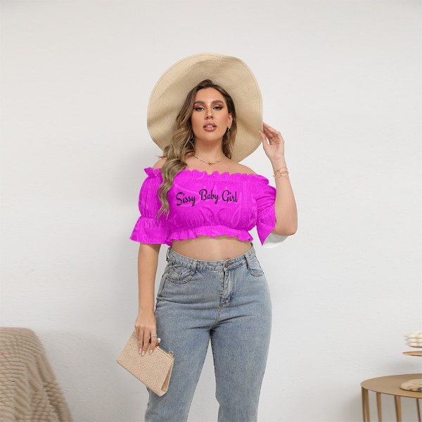 Sissy Baby Girl Off-shoulder cropped top met korte pofmouwen in felroze (volledig personaliseerbaar), maten tot 4XL (gratis verzending).