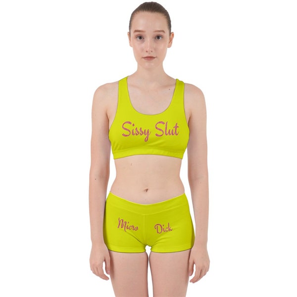 5XL Sissy Slut Micro Dick Cum Slut (totally personalizable) Bra & Briefs gym set, pink on yellow, sizes up to 5XL (Free Shipping).