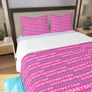 Sissy Baby Bedwetter Quilt Cover with Any Name Text in White and Blue on Pink Totally Personalizable for Color and Text US UK and AUS sizes