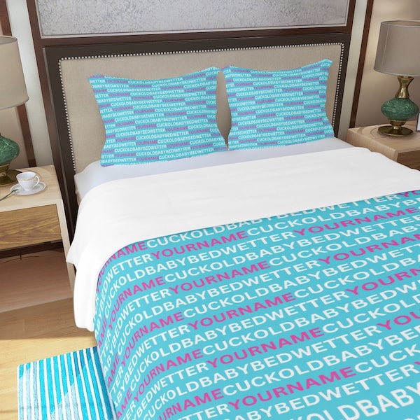 Cuckold Bedwetter Quilt Cover with Any Name Text in White and Pink on Blue Totally Personalizable for Color and Text US UK and AUS sizes