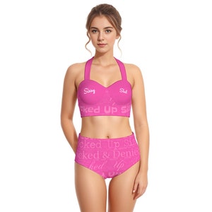 Locked and Denied Sissy 50s Style Two-Piece Halter-neck Swimsuit | White and Pink Text on Sissy Pink Personalizable text and color to 7XL