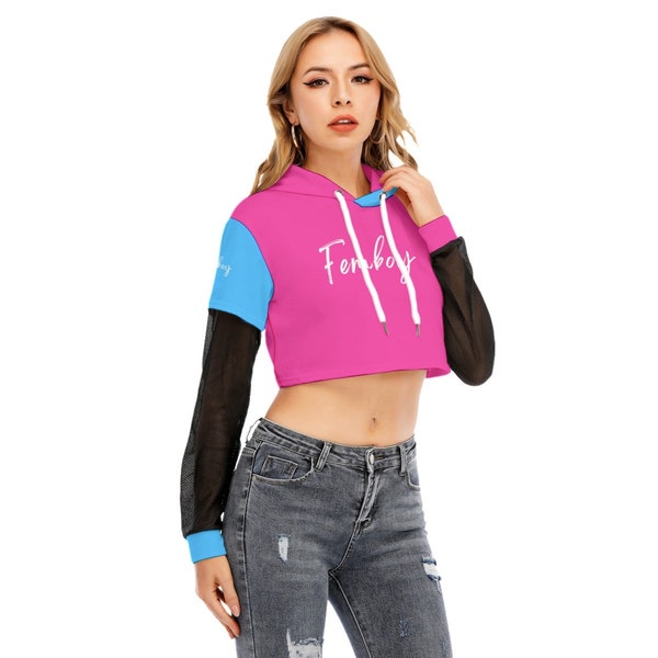 Femboy Fake 2-Piece Hoodie Crop Top Long Sleeves Femboy text in white on pink and blue totally personalizable for color and text