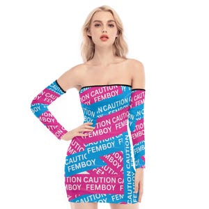 Femboy Off-shoulder Back Lace-up Dress Caution Femboy Tape Design in White on Blue and Pink Fully Personalizable up to 5XL Femboy Dress