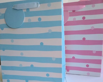 Blue or Pink Stripe Dots Paper Gift Bag - Ribbon Handle and Tag Medium 215 mm x 265 mm x 100 mm (8.4" x 10.4" x 3.9") Birthdays Babies