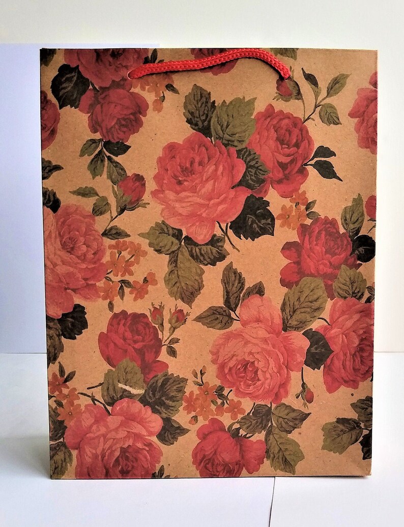Rose Kraft Gift Bag Pink Rose Gift Bag Cord Handles Natural Etsy