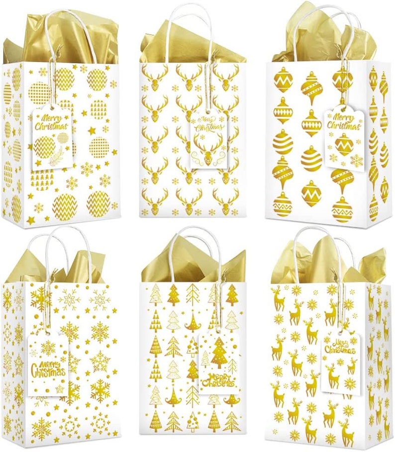 Foiled Christmas Twist Handle Gift Bags with Tag, Choice of Designs sold in singles Tissue paper Not Included Gold Foil Gift Wrapping Bags image 1