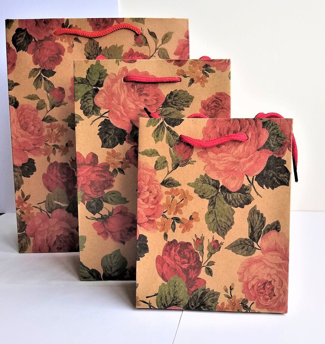 Rose Kraft Gift Bag Pink Rose Gift Bag Cord Handles Natural Etsy