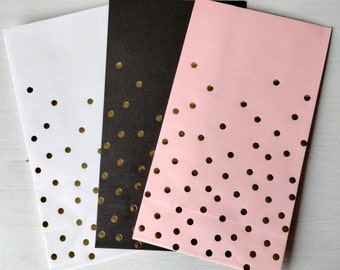 6 x Gold Dot Paper Gift Bags Party Treat Bags 2 of each colour Pink-Charcoal-White Block Bottom Fold Over Bags Gift Wrap Bag H21 x W12 x 7cm