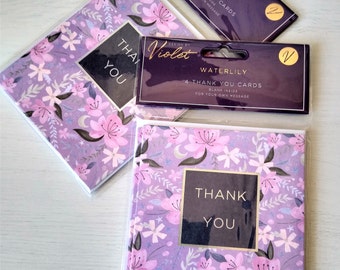 Thank You Waterlily Note Cards and Envelopes 4 Pack, Floral Note Cards, Gift Thank You Greeting Cards, Partisan Products Violet